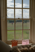 Load image into Gallery viewer, View from a window with a grassy field and cloudy sky outside with bridal bags