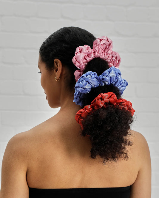 flower scrunchie in wisteria, red and pink