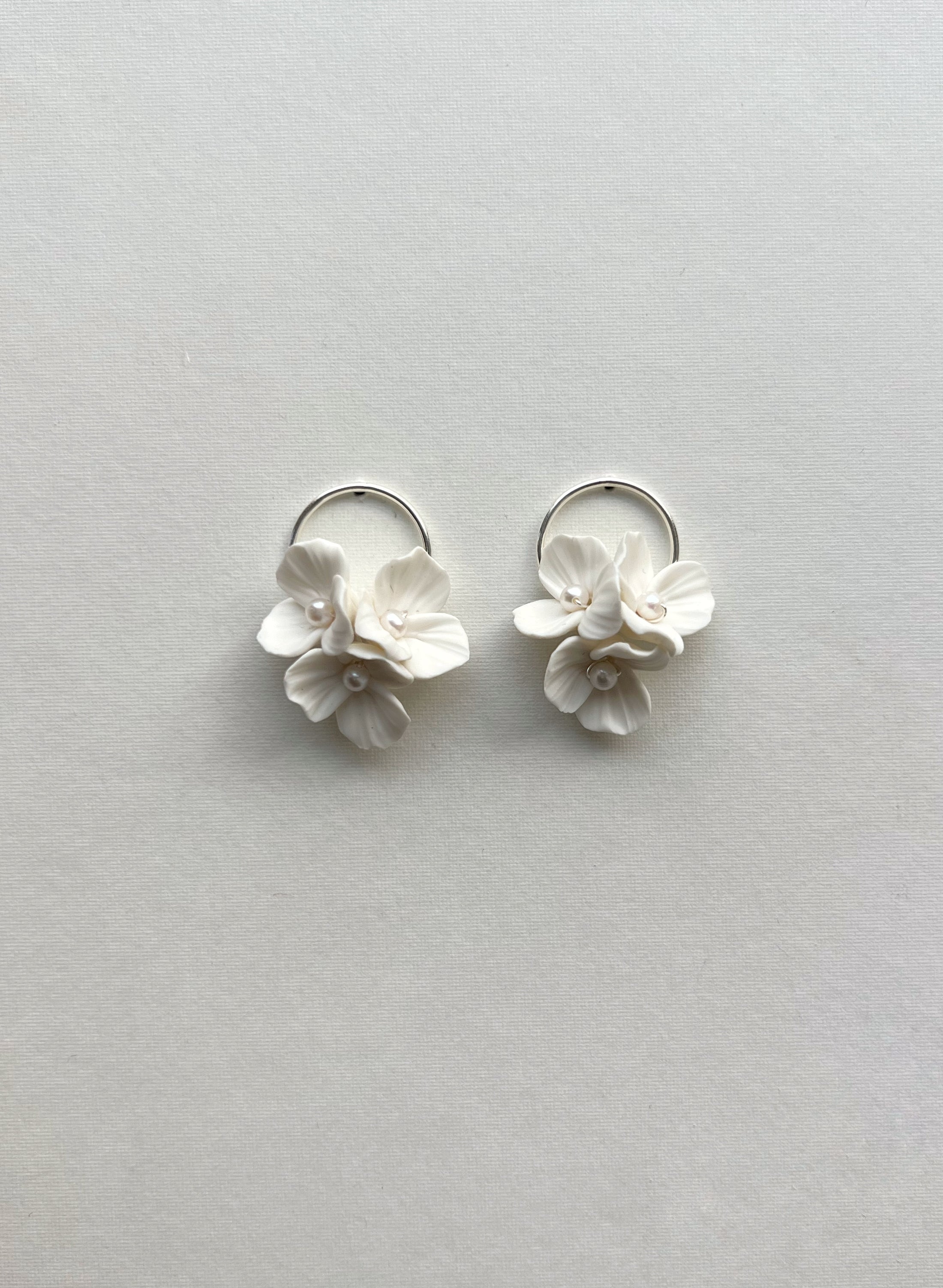 Pair of silver flower-shaped earrings on a light gray background
