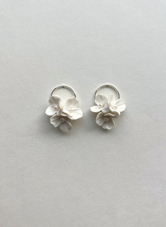 Pair of silver flower-shaped earrings on a light gray background