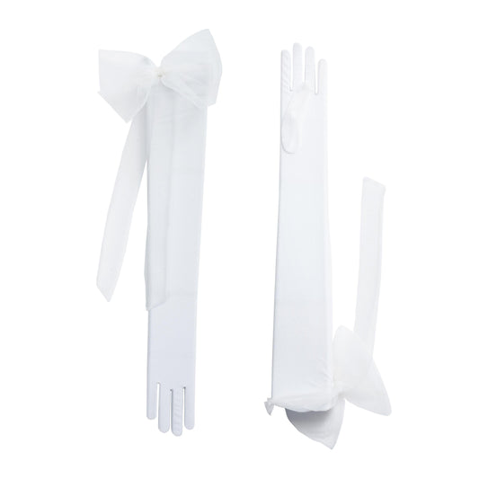 White bow, gloves, and high socks set on a white background