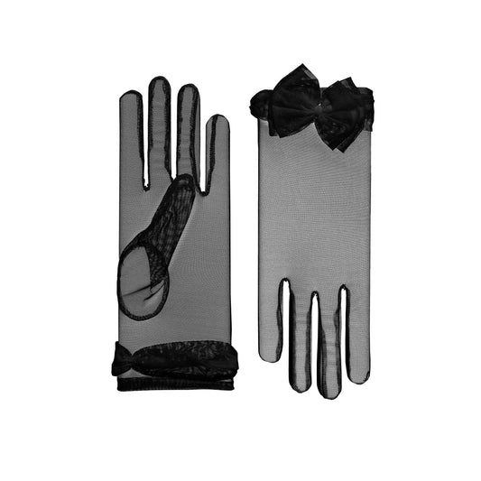 Cornelia James short black tulle bridal gloves with bows on white background
