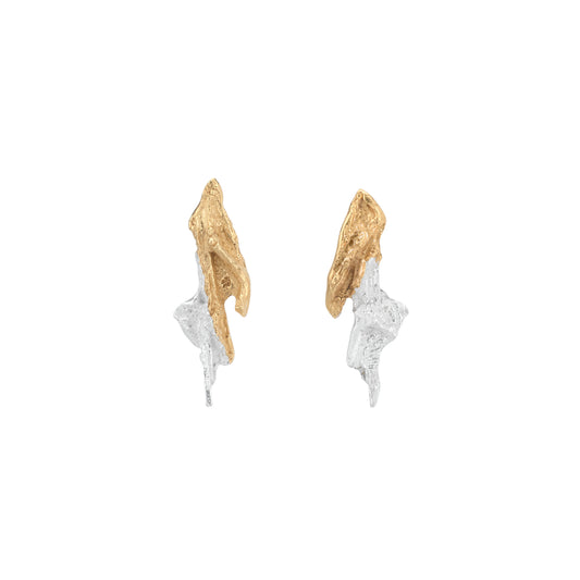 Pair of gold and silver earrings on a white background