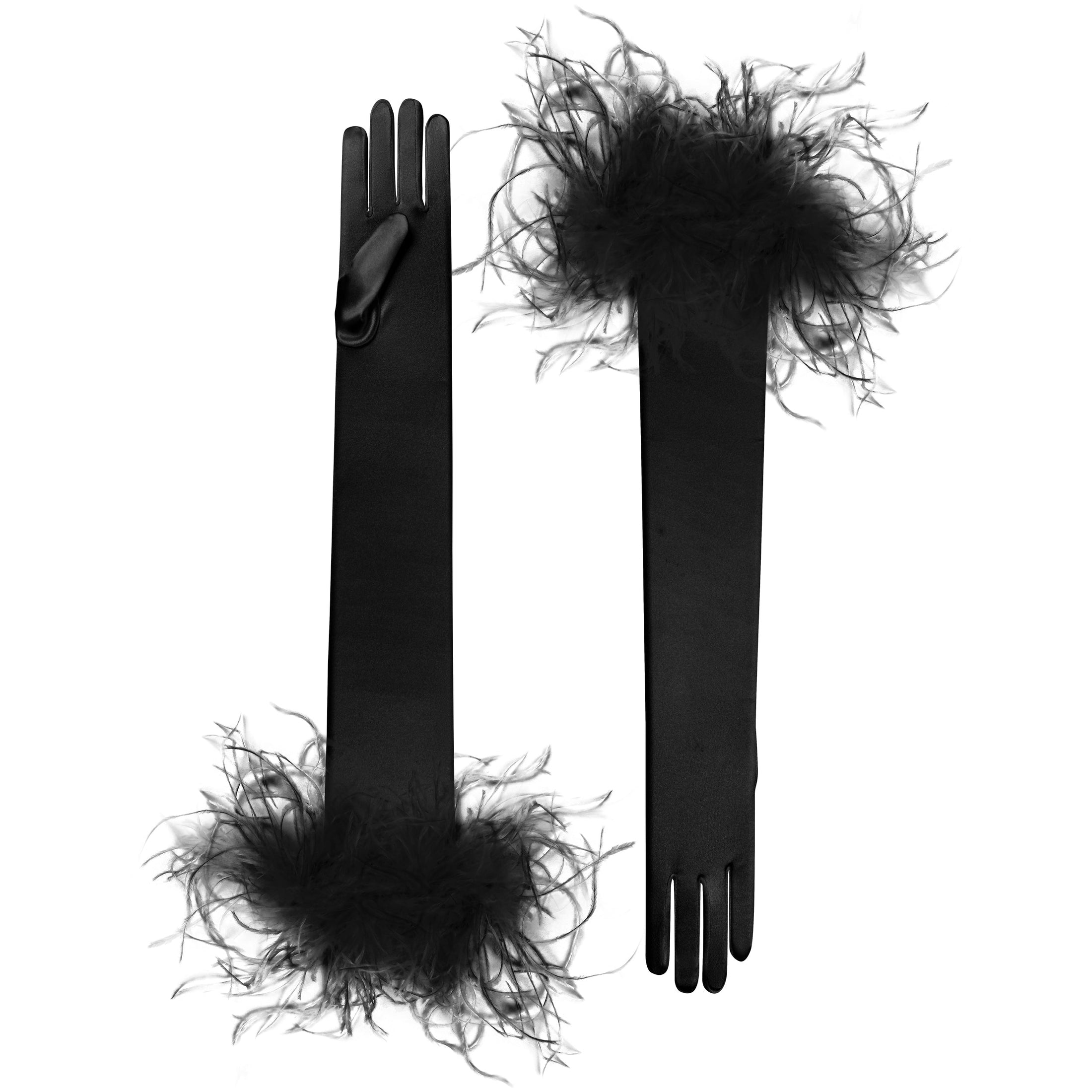 Cornelia James bridal opera gloves in black with ostrich feather cuff