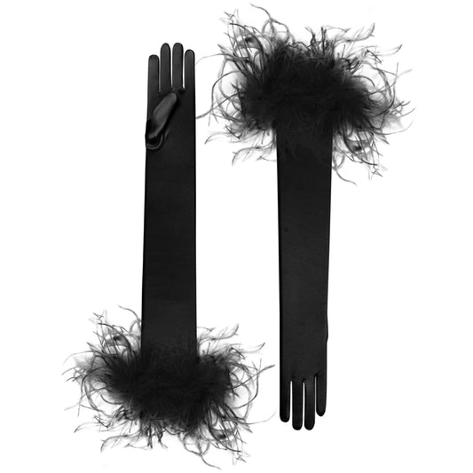 Cornelia James bridal opera gloves in black with ostrich feather cuff