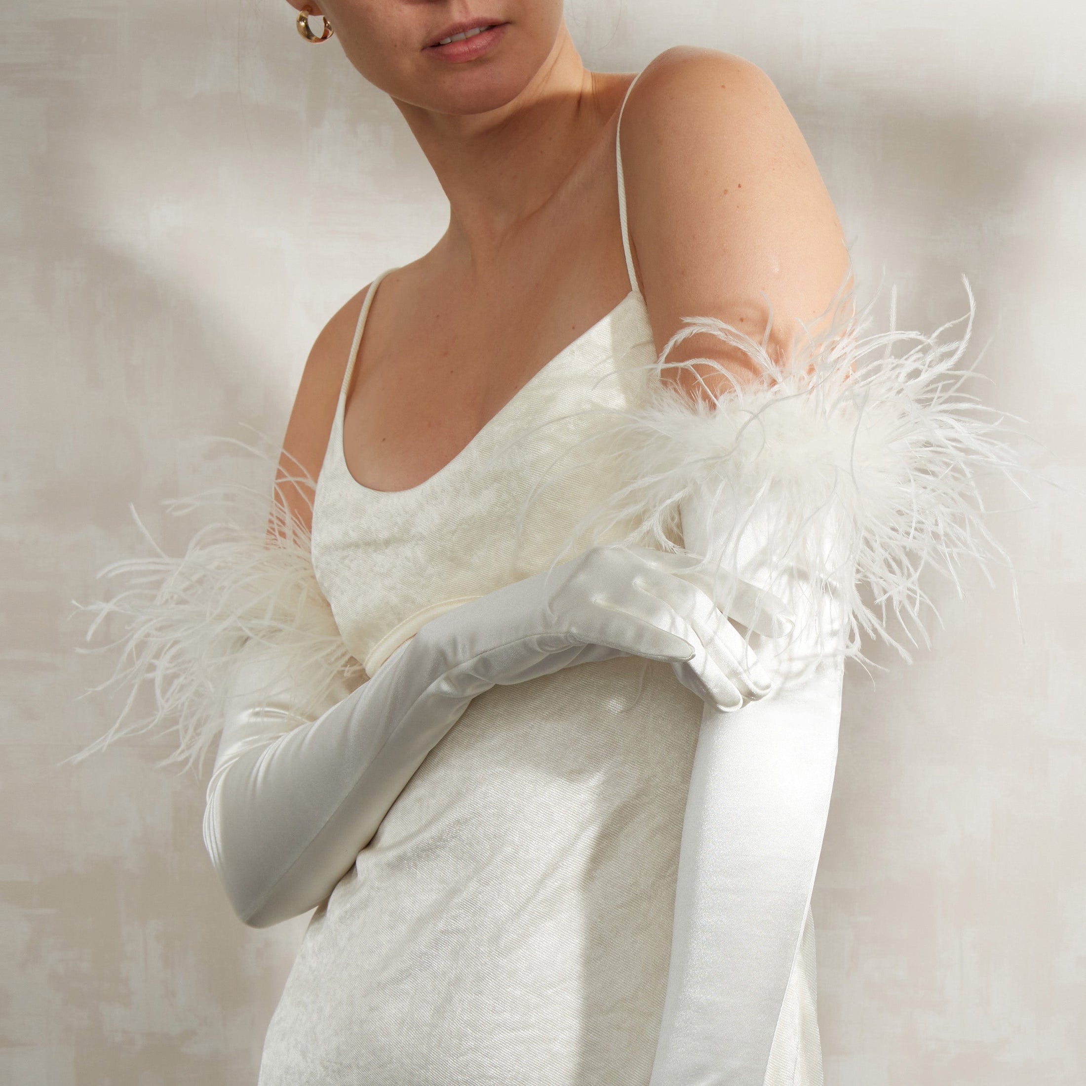 Cornelia James bridal opera gloves in white with ostrich feather cuff