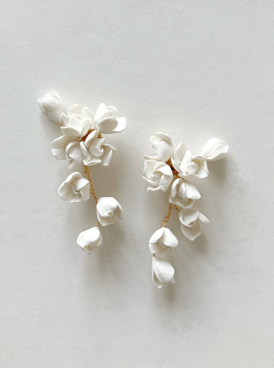 Pair of white floral earrings on a light gray background