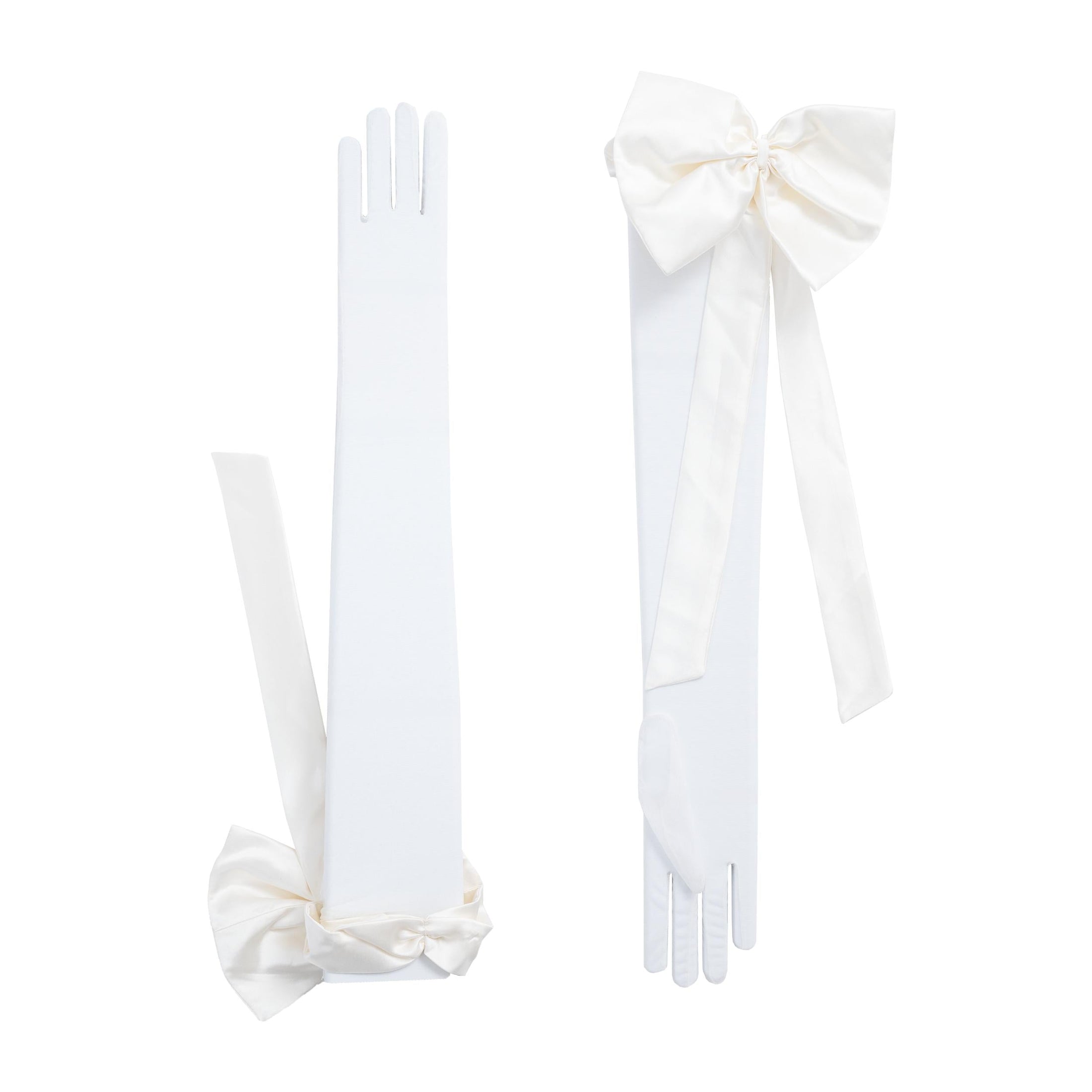 Pair of white gloves with bow details on a white background