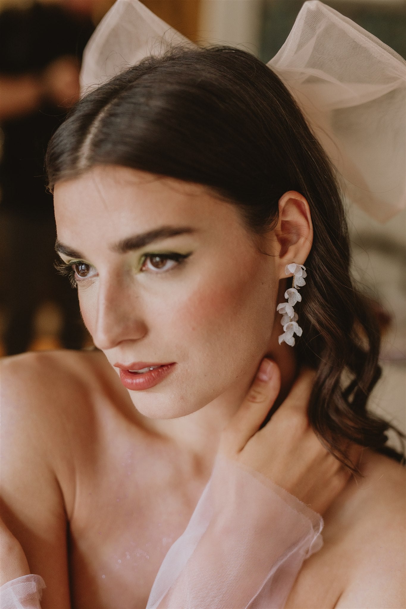 bride wearing Amarnam silk bridal earrings