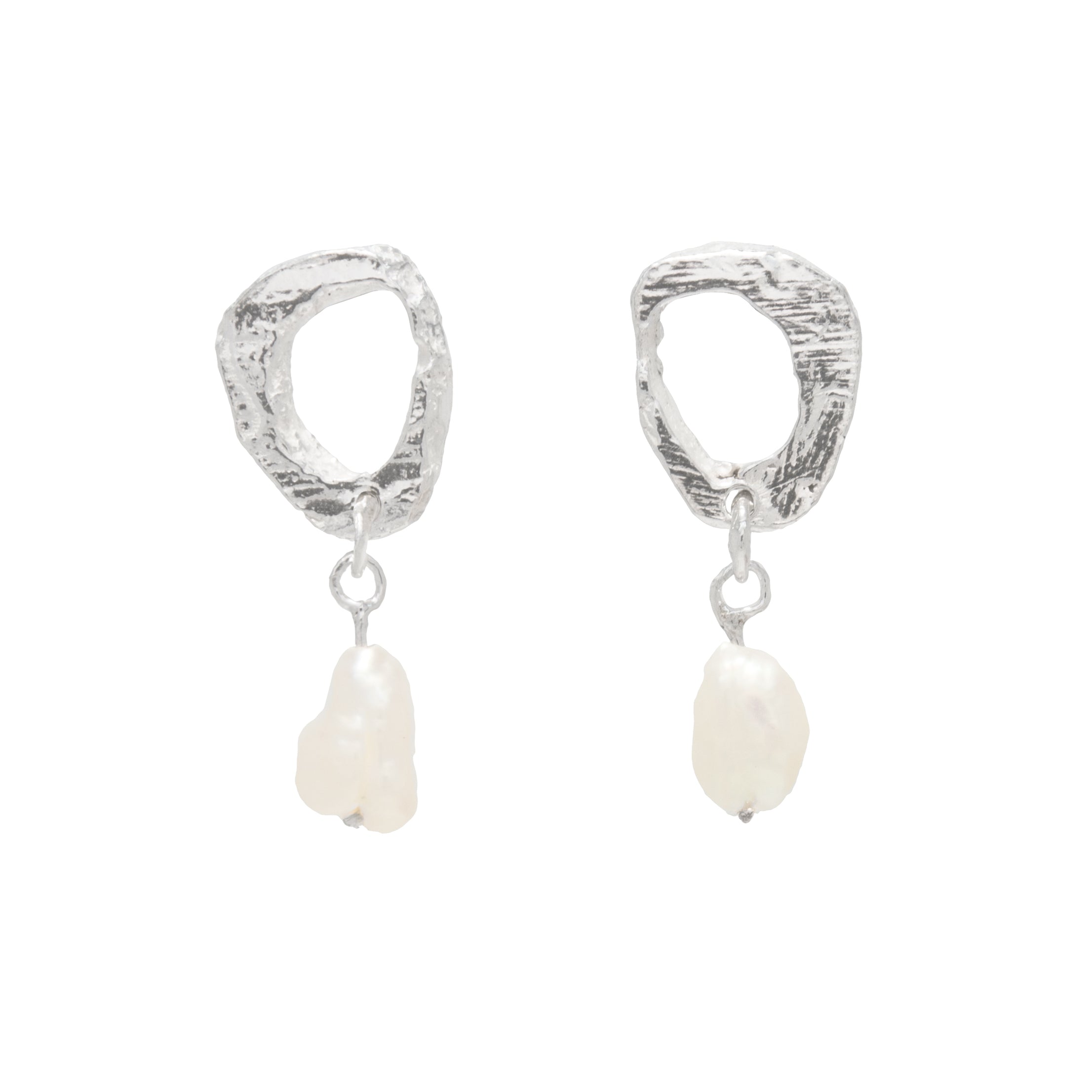 Pair of silver earrings with pearls on a white background