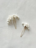 Load image into Gallery viewer, Two white floral hairpins on a light gray background

