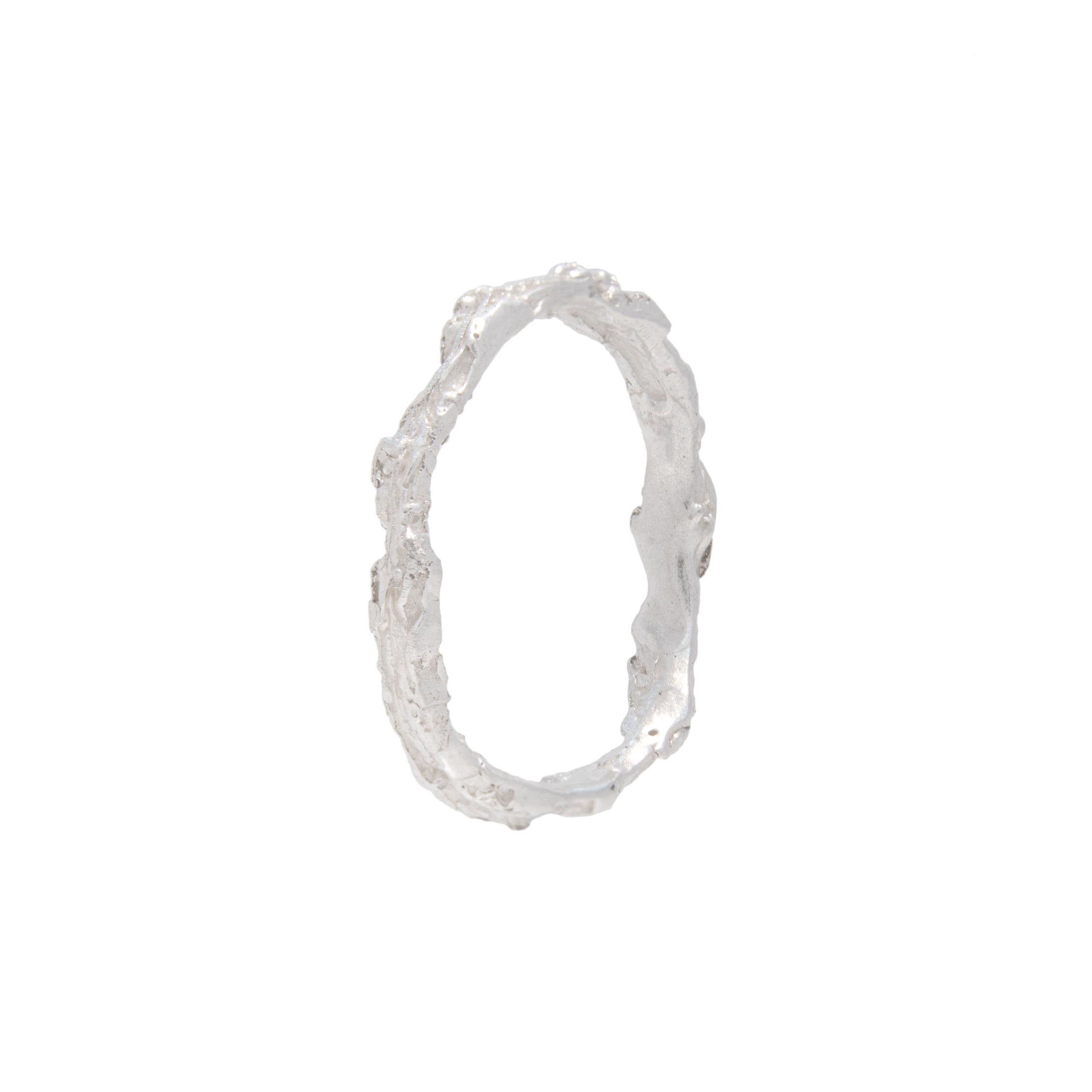 Silver ring with a textured design on a white background