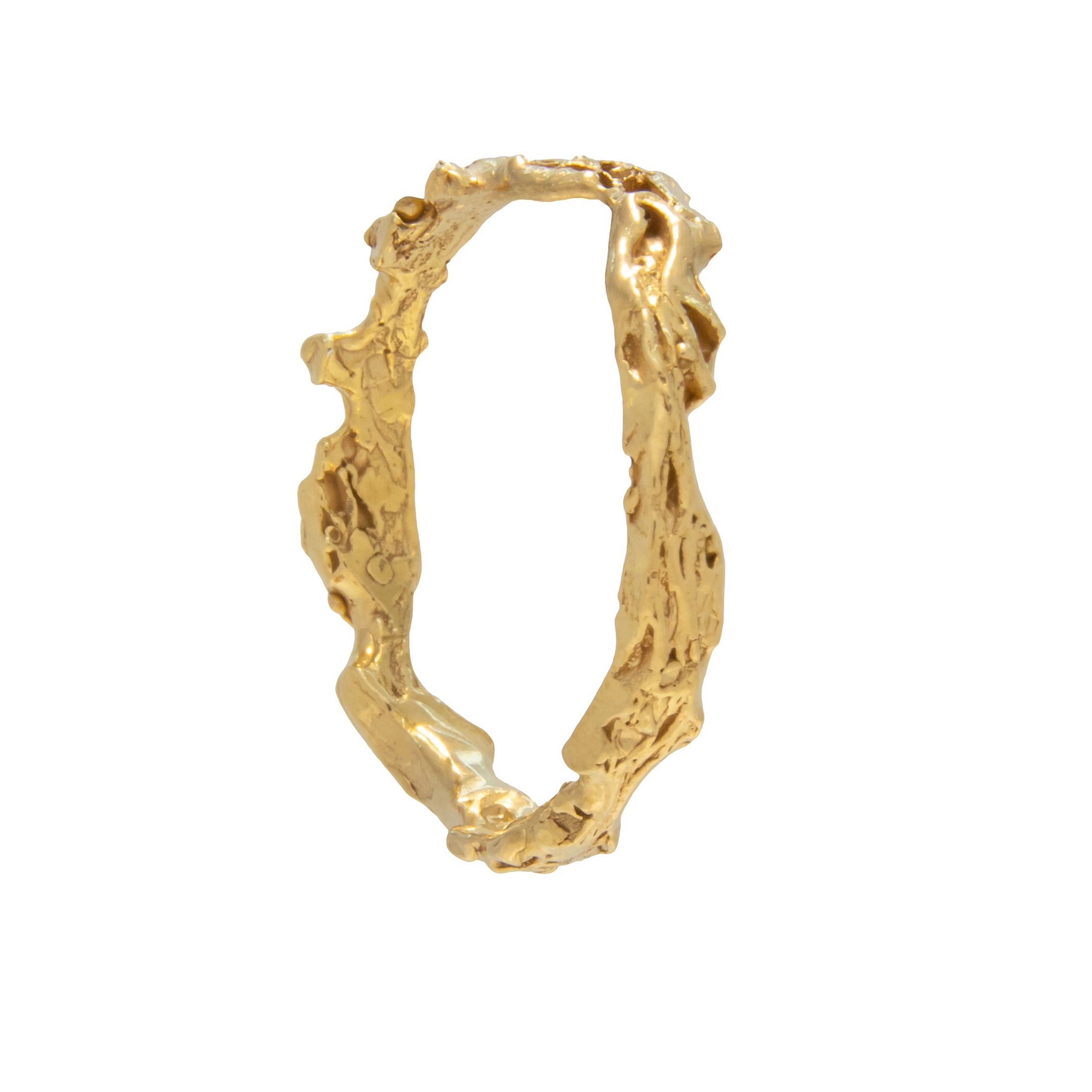 Gold ring with a textured design on a white background