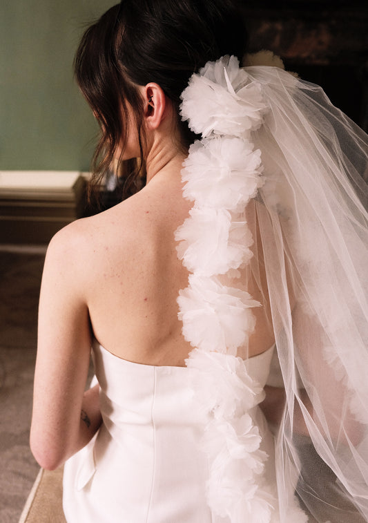 woman wearing hayze bridal marigold veil, tulle flower veil 