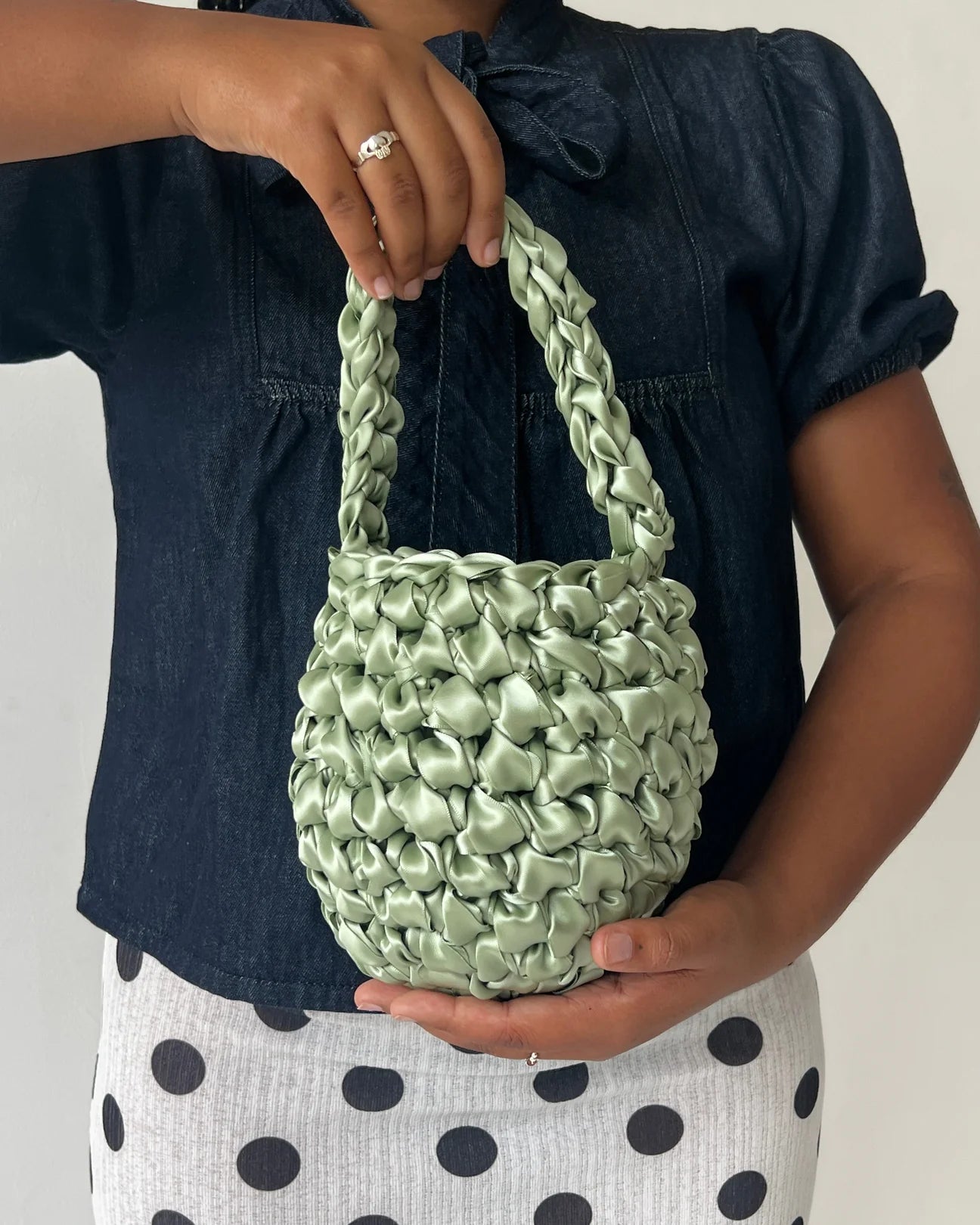 sage satin crochet bridal handbag