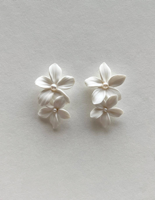 Pair of white floral earrings on a light gray background