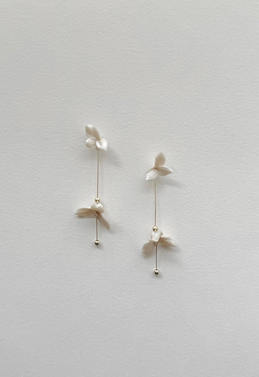 Pair of delicate earrings on a light gray background