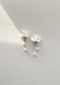 Load image into Gallery viewer, White floral earrings with pearl details on a light gray background
