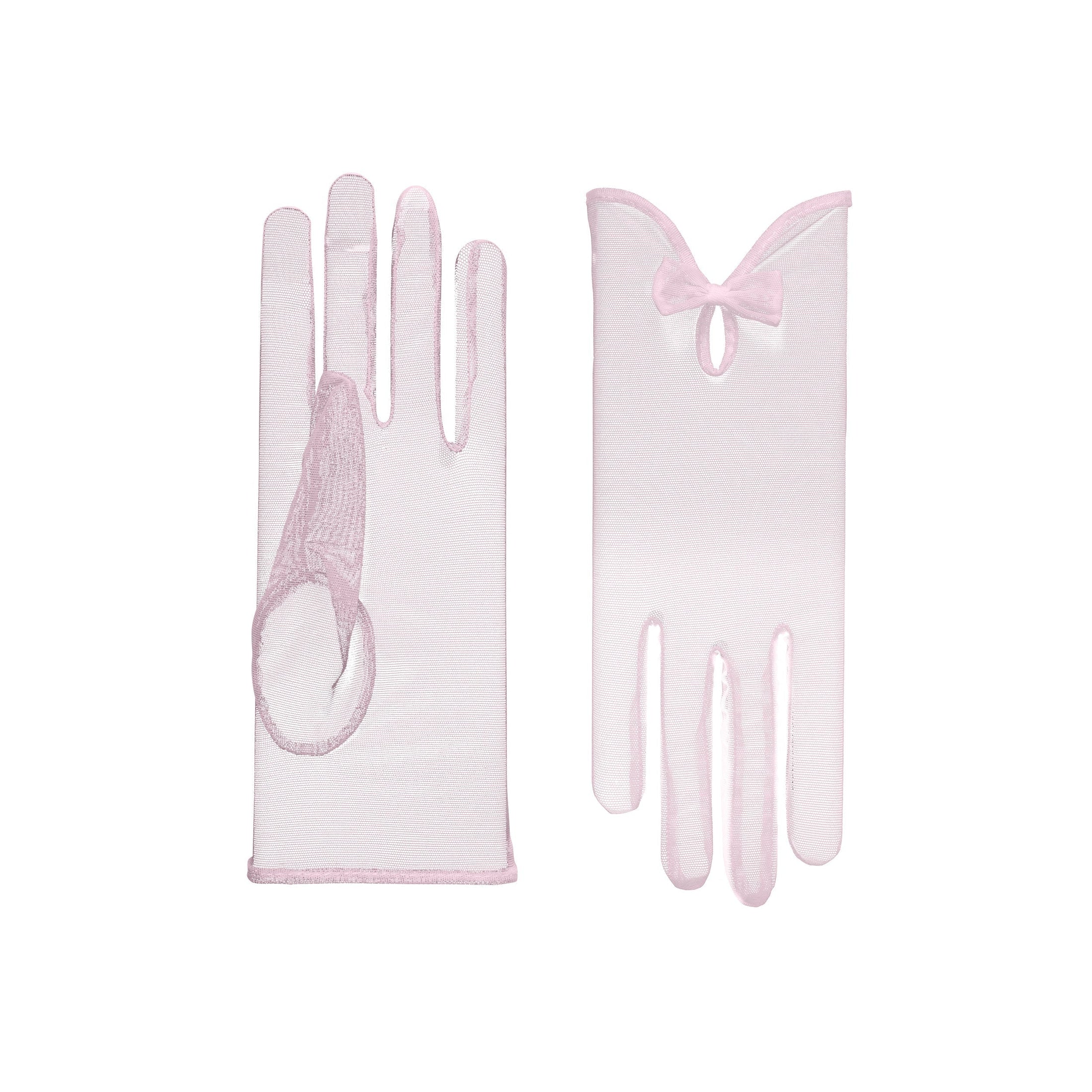Cornelia James tulle pink/blush short bridal gloves with bow detail 