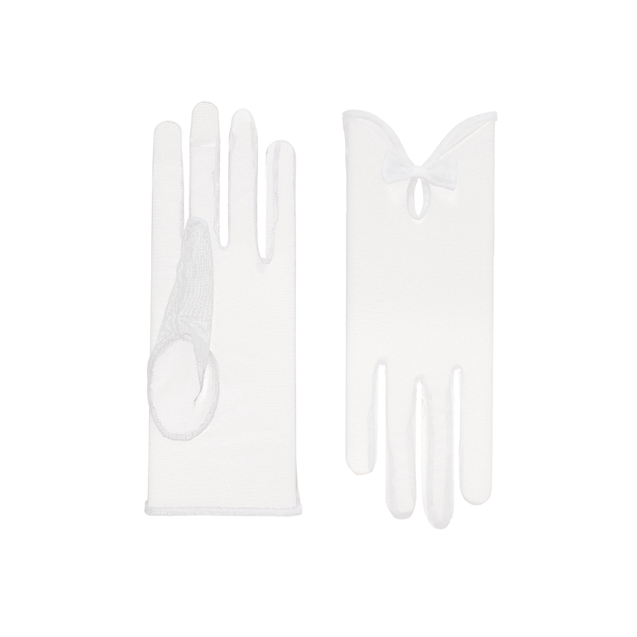 Cornelia James white tulle bridal gloves with bow detail on white background