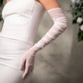 Load image into Gallery viewer, White wedding dress with long gloves on a neutral background
