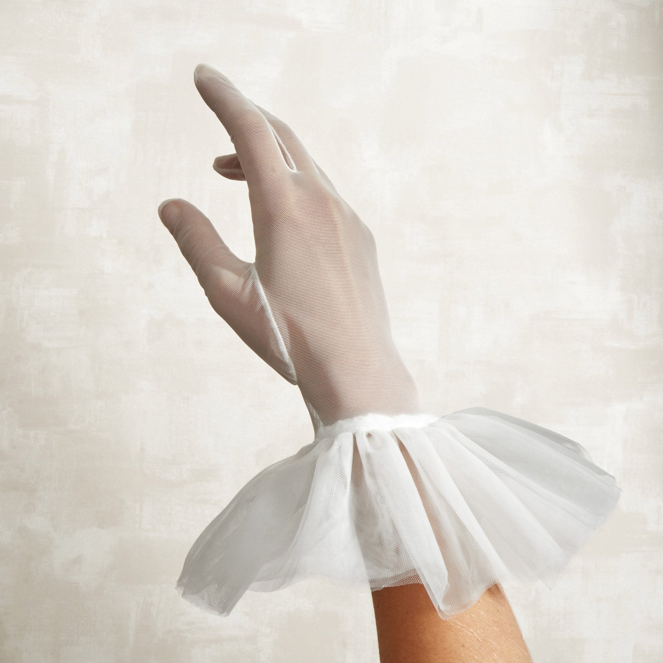 Cornelia James tulle white bridal gloves with harlequin cuff detail 