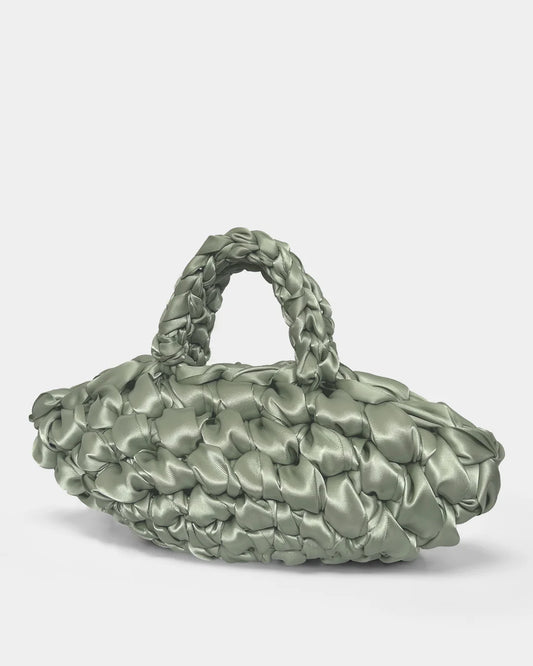 green satin crochet handbag