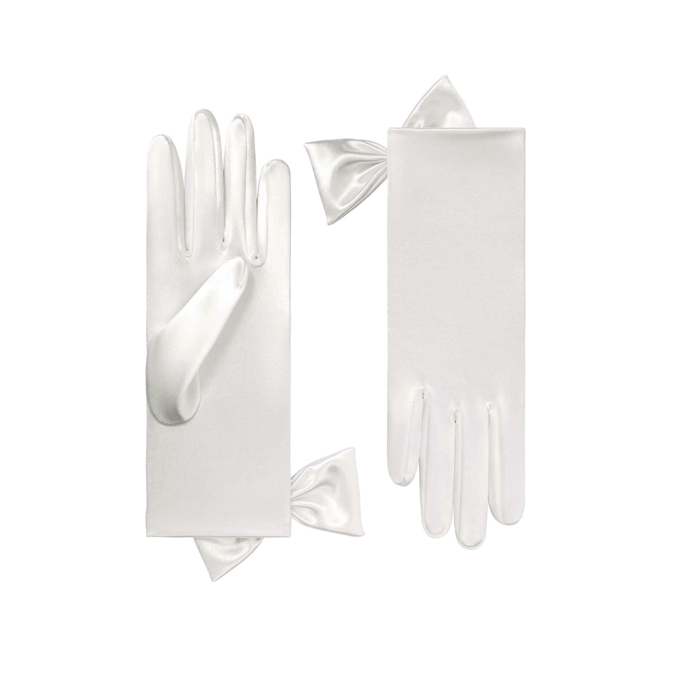 Cornelia James satin short bridal gloves in white on a white background
