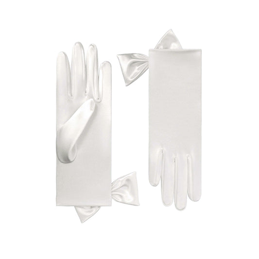 Cornelia James satin short bridal gloves in white on a white background