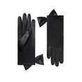 Load image into Gallery viewer, Cornelia James black satin bridal gloves with side bow detail on a white background

