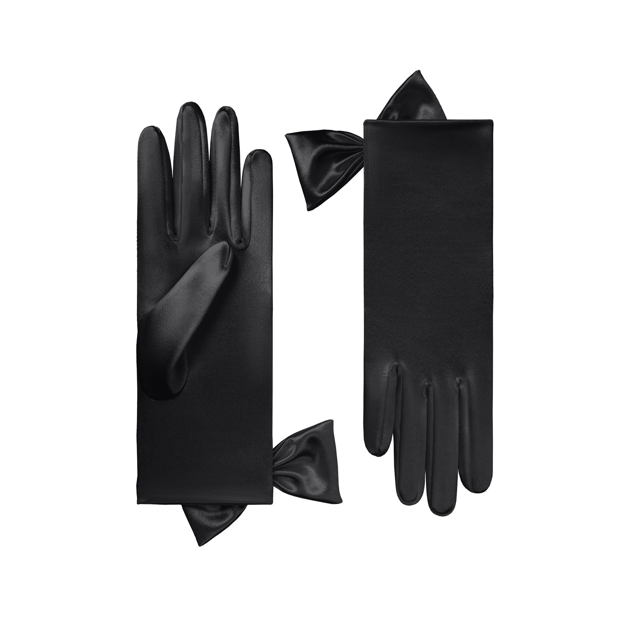 Cornelia James black satin bridal gloves with side bow detail on a white background