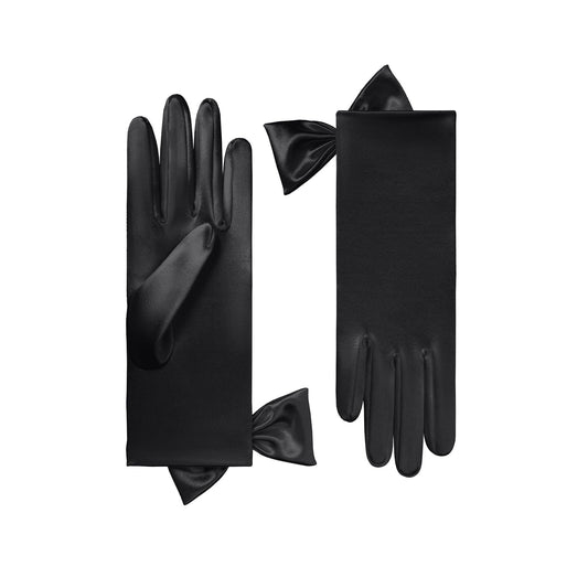 Cornelia James black satin bridal gloves with side bow detail on a white background
