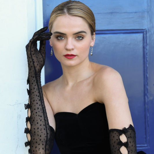 woman wearing Cornelia James bridal gloves