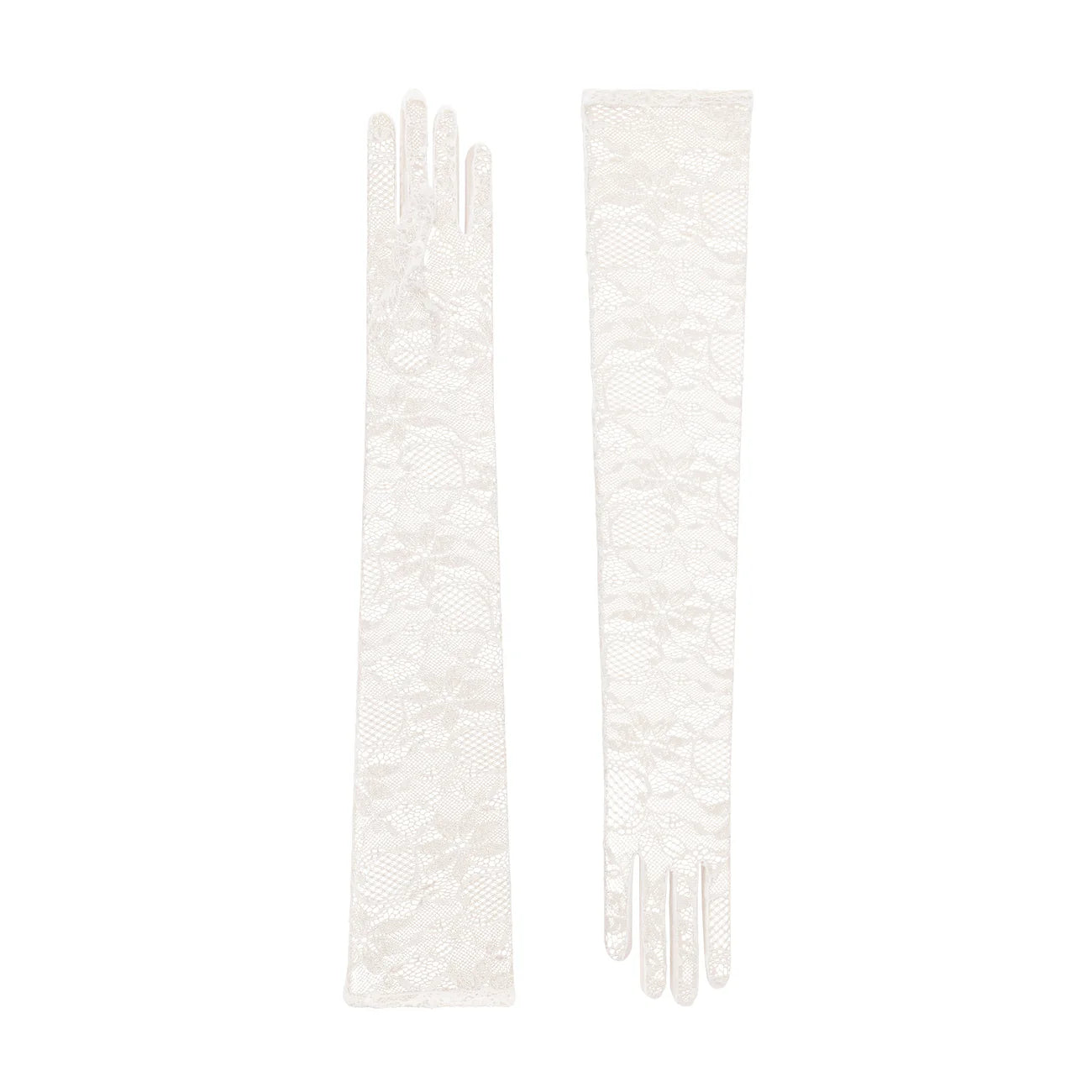 Pair of long white lace bridal gloves on a white background