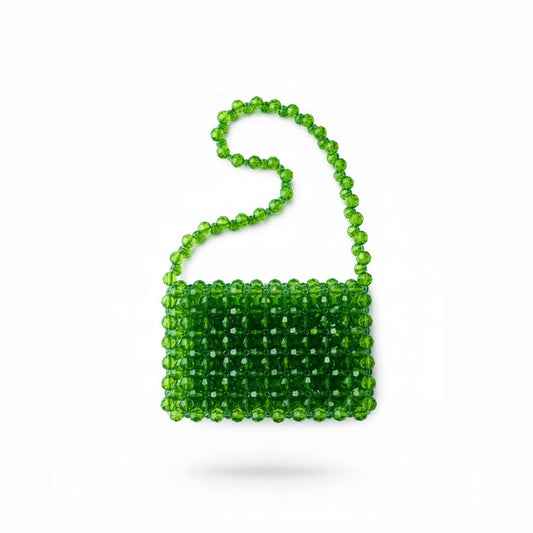Green beaded bridal handbag on a white background