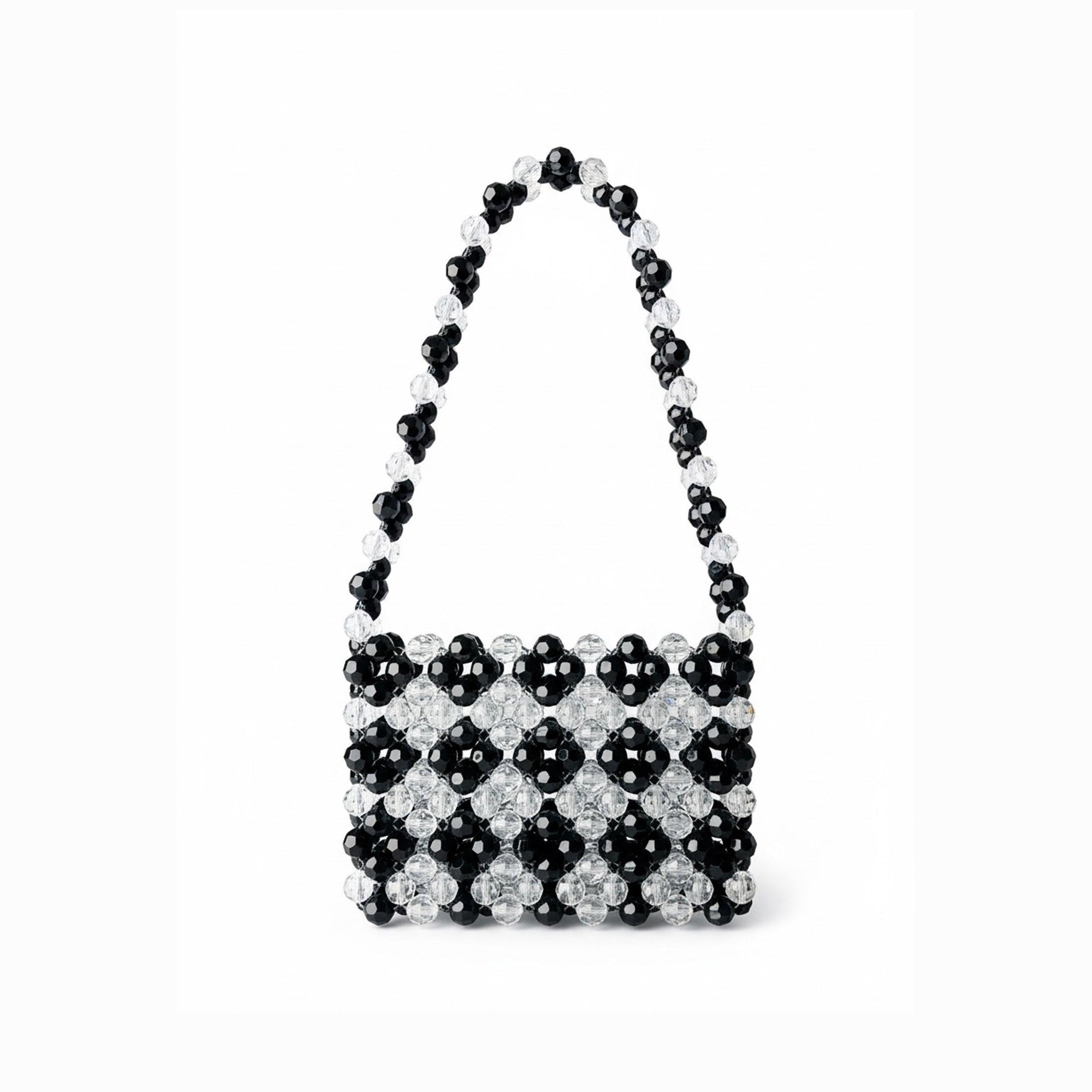 Black and white checkered bridal bag with beaded handle on a white background
