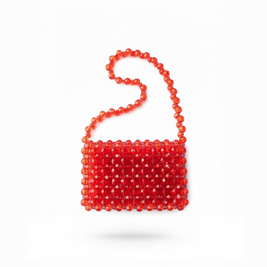 Red beaded bridal bag on a white background