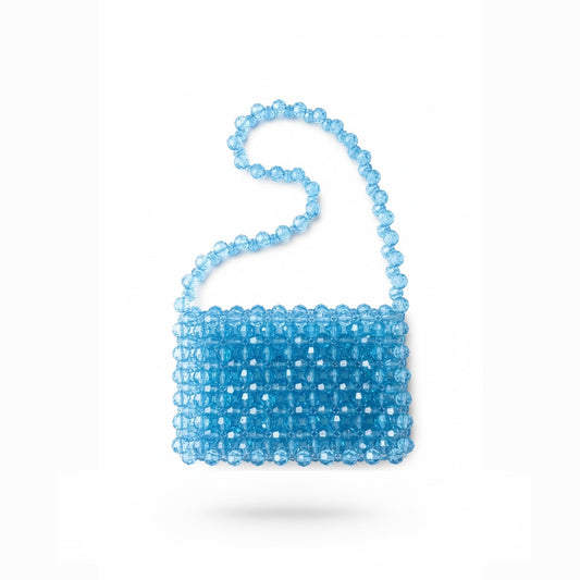 Blue beaded bridal bag on a white background