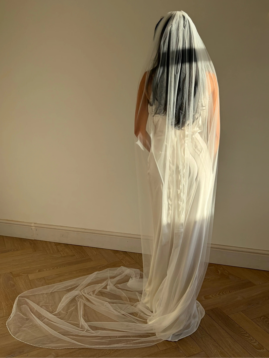 Person wearing a white wedding dress with a long pearl veil against a plain background
