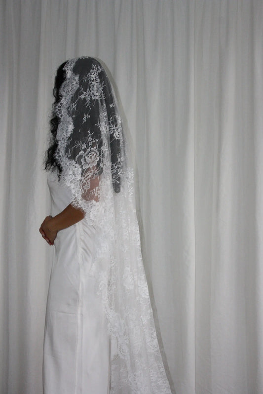 Person wearing a white wedding dress with a long lace veil against a plain background