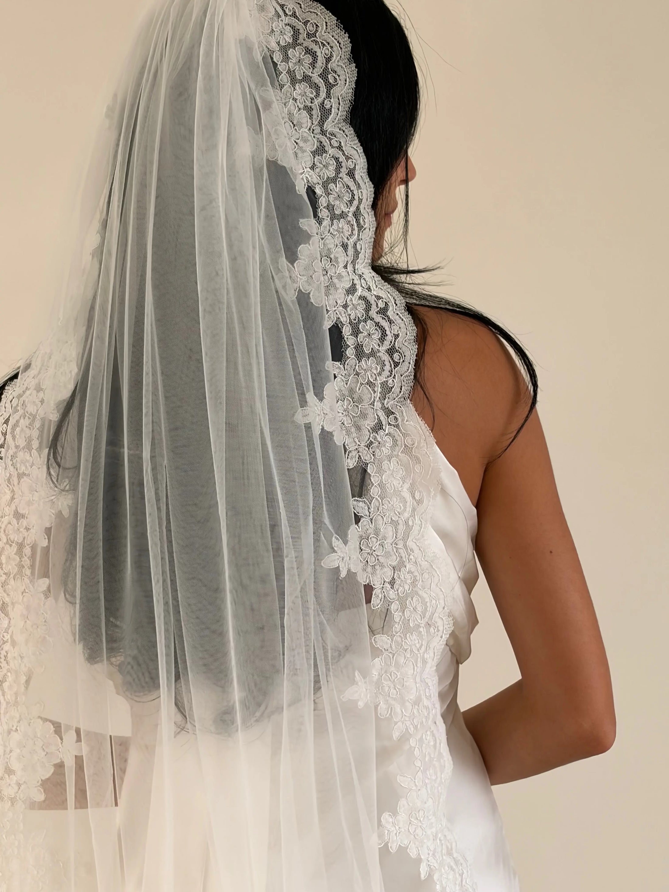 A bridal veil with intricate white lace trim worn by a model, shown from the back against a plain beige background.