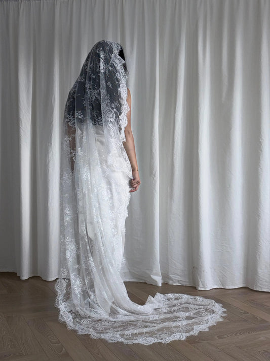 Person wearing a white wedding dress with a long lace veil against a plain background