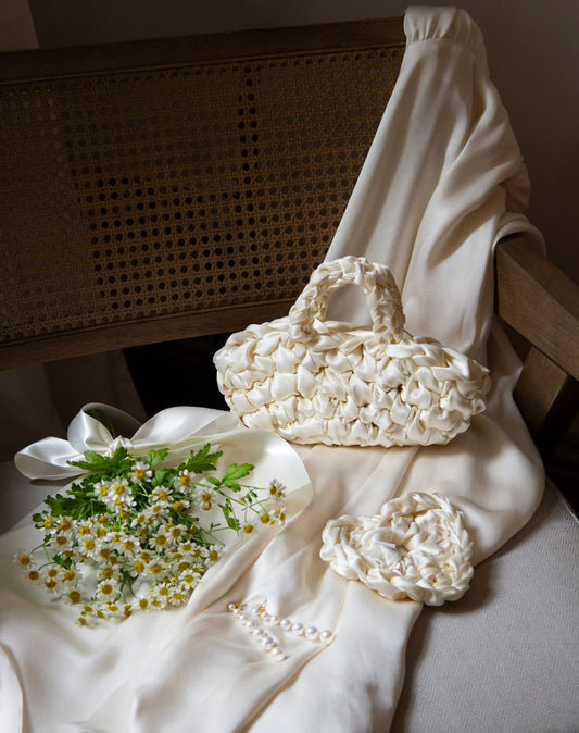 nest bridal handbag and heart bridal scrunchie in ivory