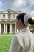 Load and play video in Gallery viewer, girl in an outdoor setting wearing a white bridal hair scrunchie
