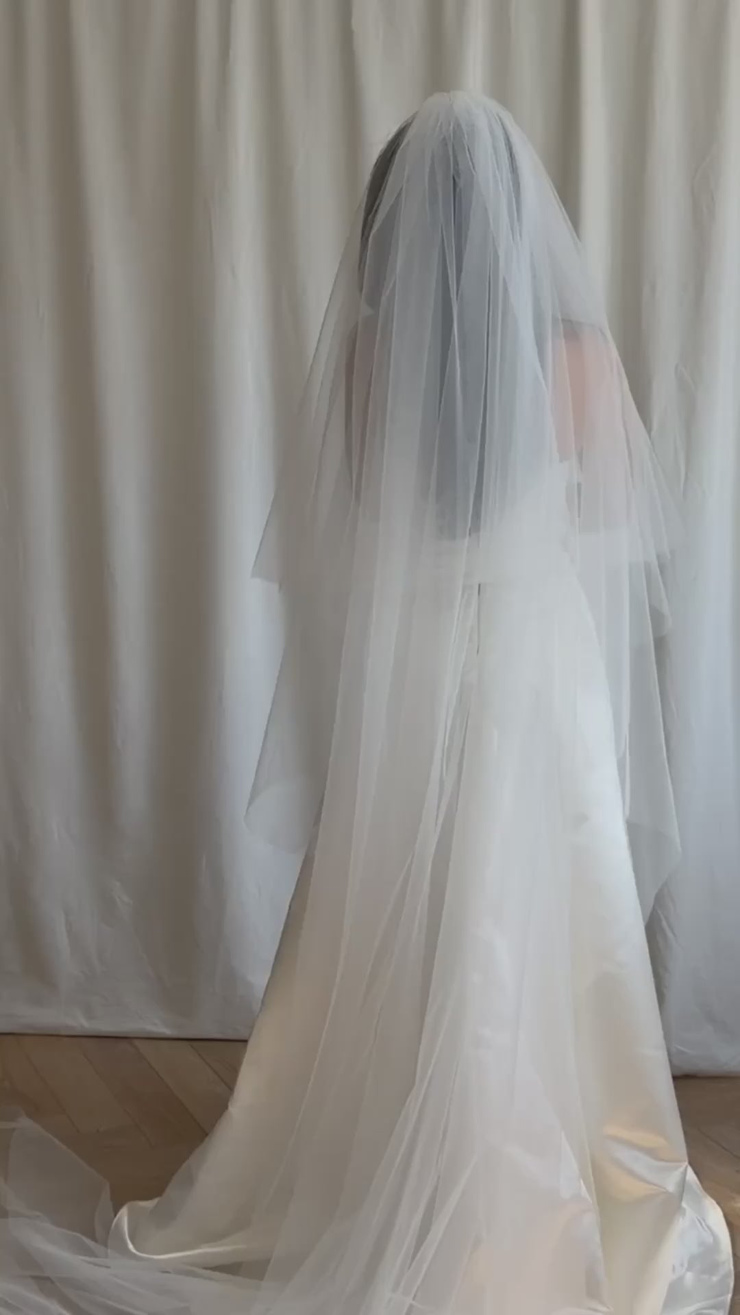 Bride wearing a white strapless gown with a long veil against a neutral background