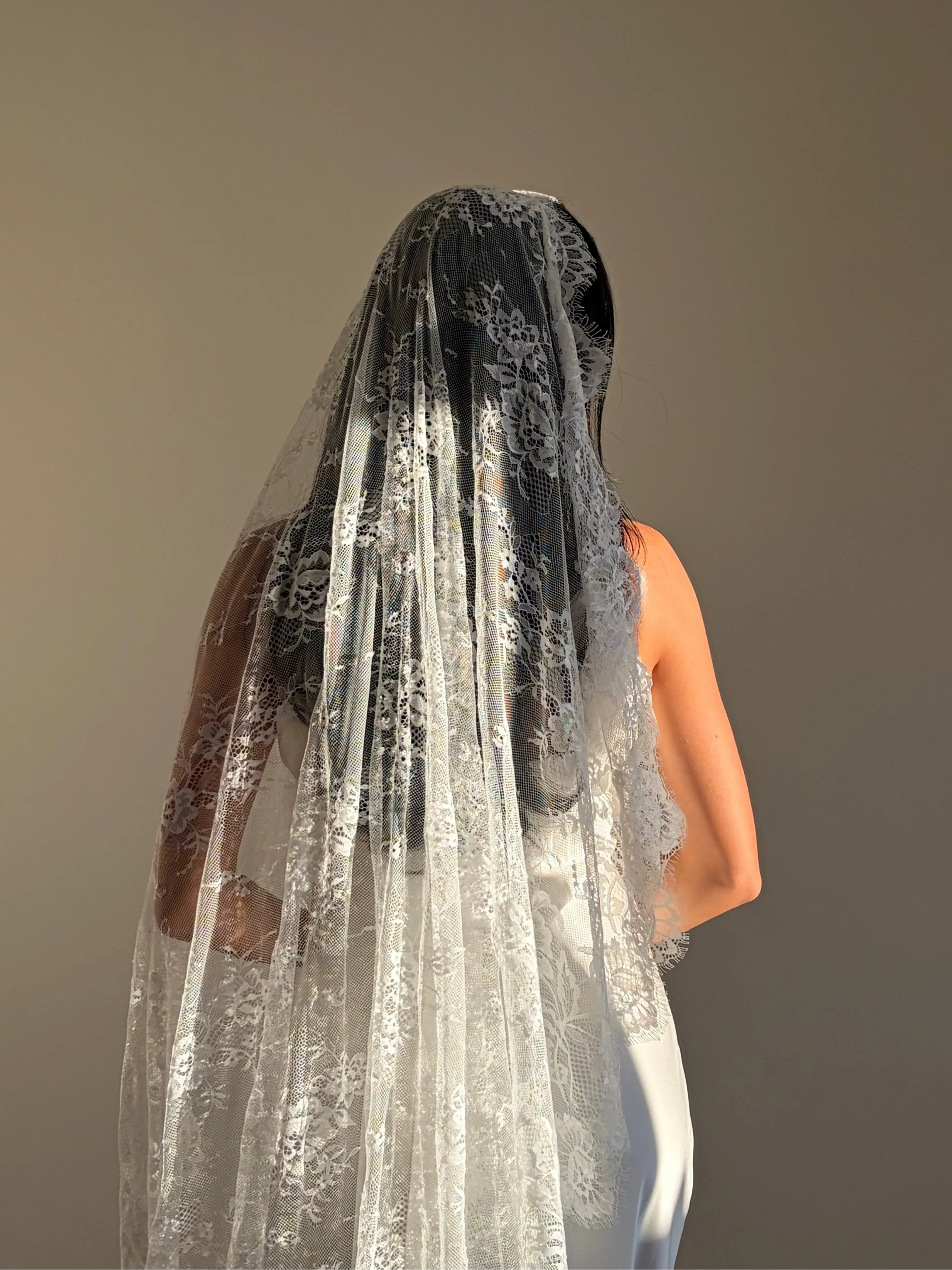 A woman shown from the back wearing a long white lace bridal veil over dark hair, photographed against a plain warm gray studio background.